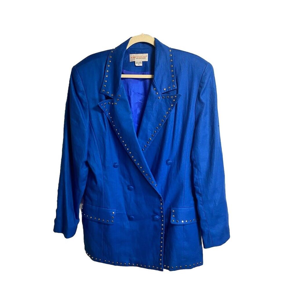 VTG Adam Douglass Adrianna‎ Papell Studded Dbl Breasted Military Blazer Linen 14